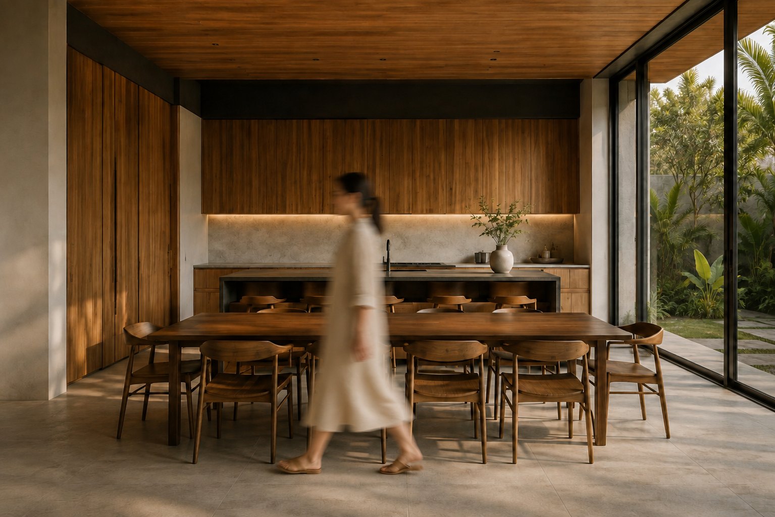 A woman walking through a warm timber kitchen and dining room in soft afternoon light