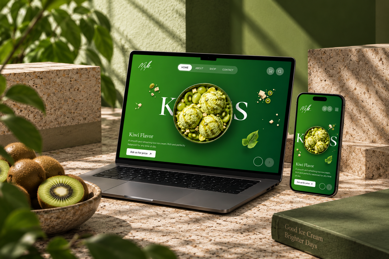 Ice cream site showing the kiwi flavour slide