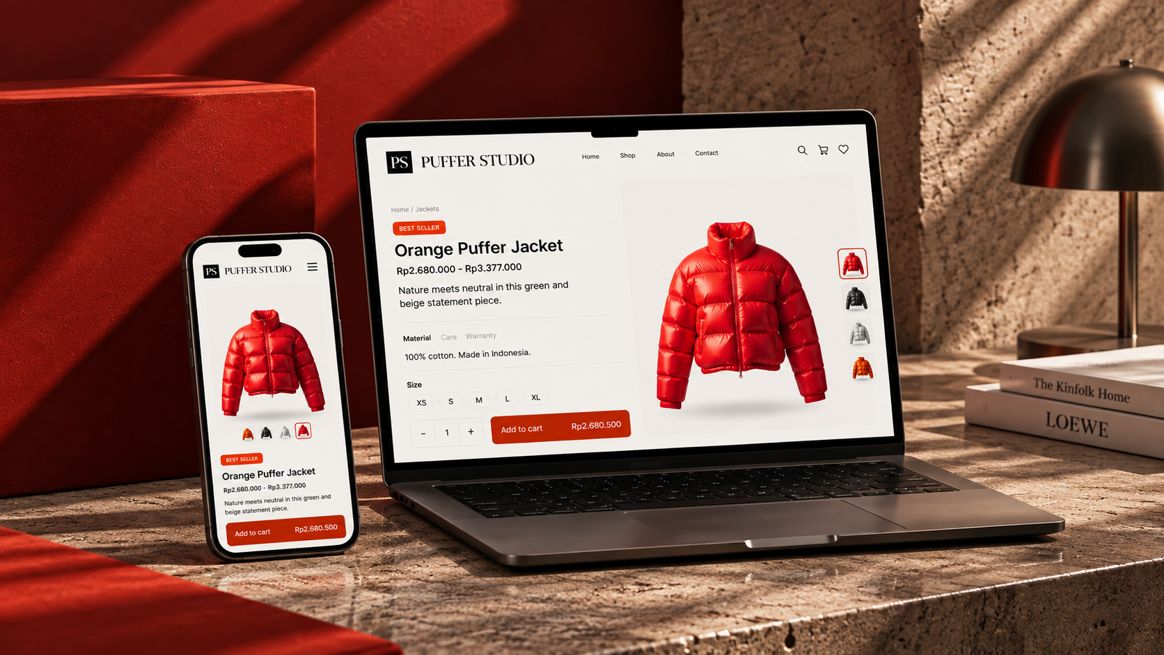 Puffer Studio homepage, an orange puffer jacket