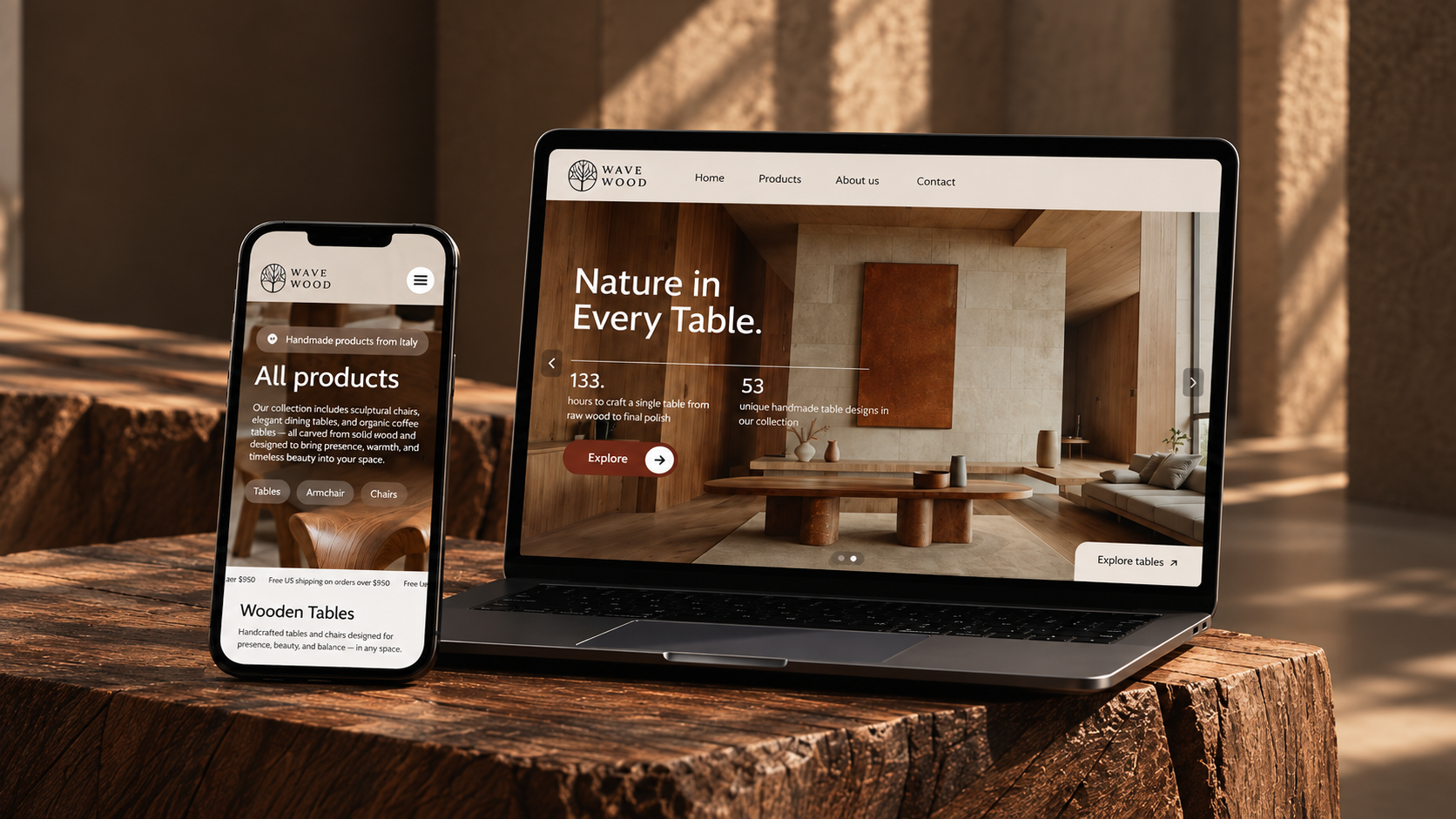 Wave Wood homepage, a raw wood table in warm light